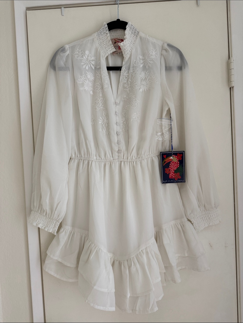 Long sleeve White Embroidered Ruffle Dress size S